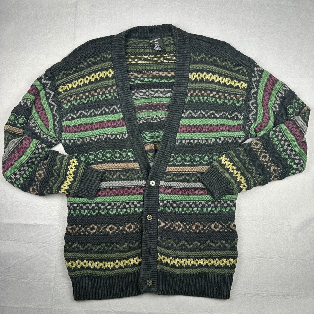 Vintage Generra Fair Isle Cardigan Sweater Mens Medium Geometric Ramie Cotton